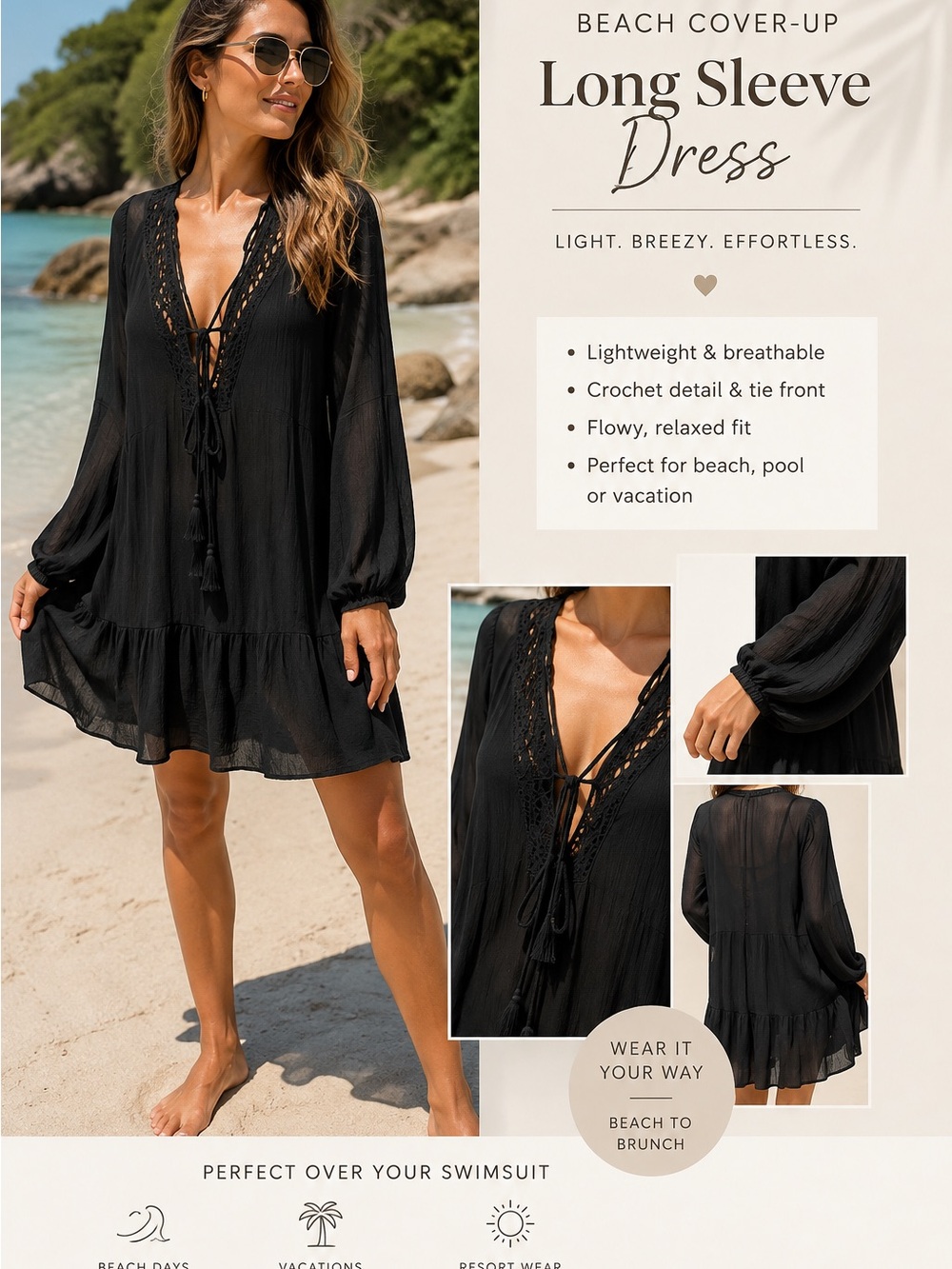 Black Long Sleeve Beach Cover-Up Dress - Lightweight Crochet Detail
